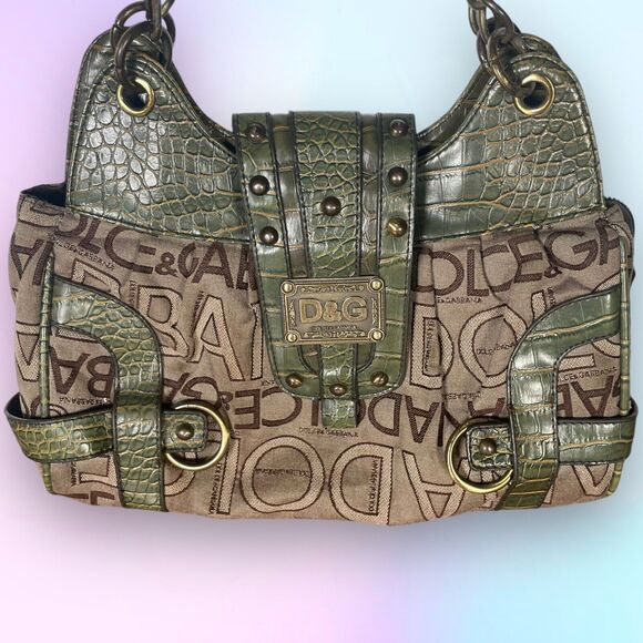 Dolce&Gabbana Shoulder Bag Designer Purse Brown Fabric w/ Green Textured Leather - Picture 3 of 13